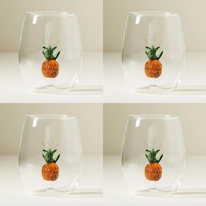 NWT ANTHROPOLOGIE SET OF 4 CHEERIE ICON STEMLESS WINE GLASS 3D PINEAPPLE YELLOW